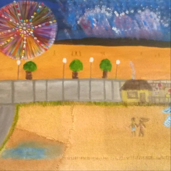 "Fireworks on the Beach" original canvas painting 16"x20" C.Grubb mixed media - Picture 2 of 3